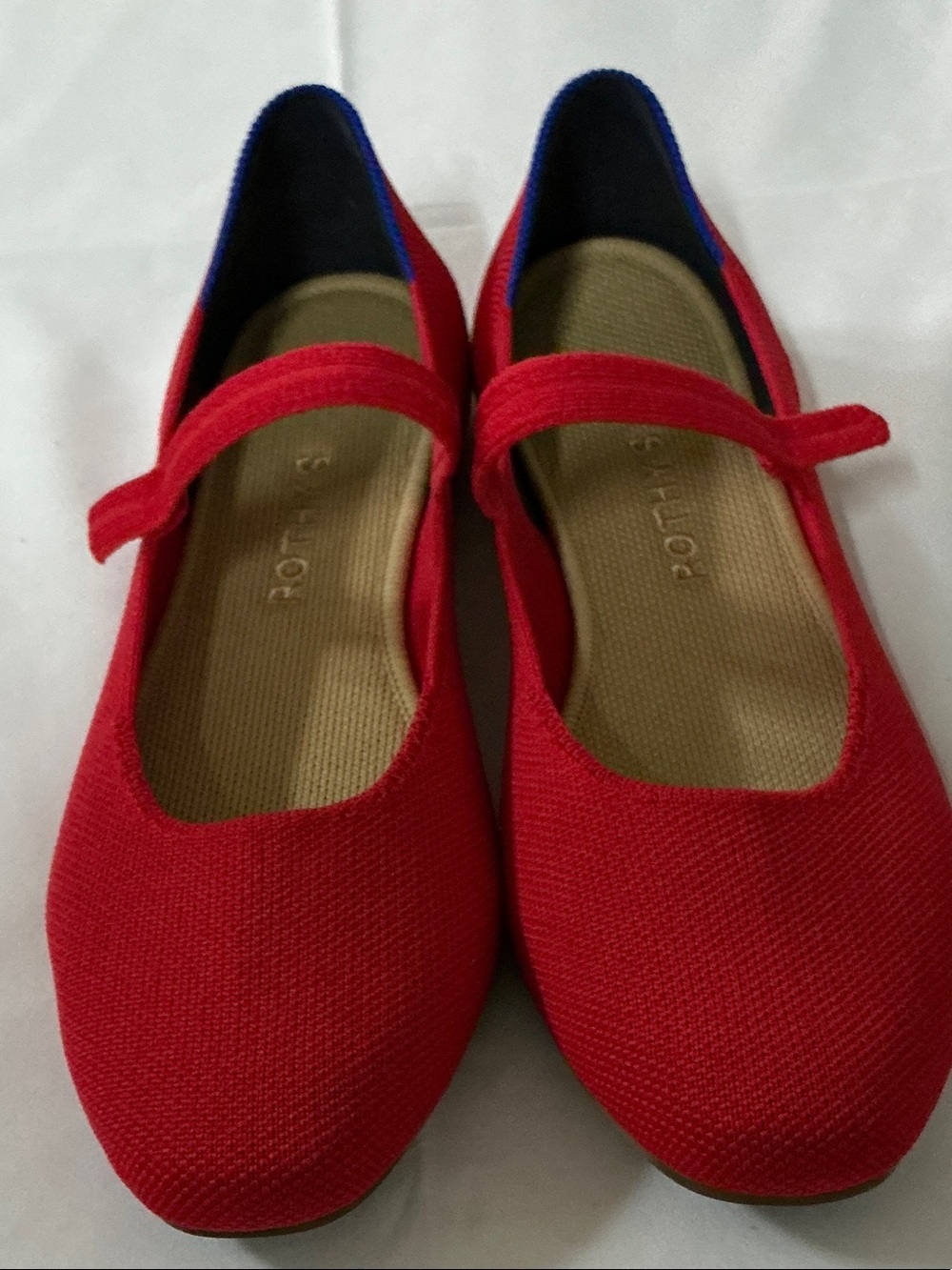 Rothy's Red Mary Jane Flats with Blue Heel Accent - Picture 4 of 5